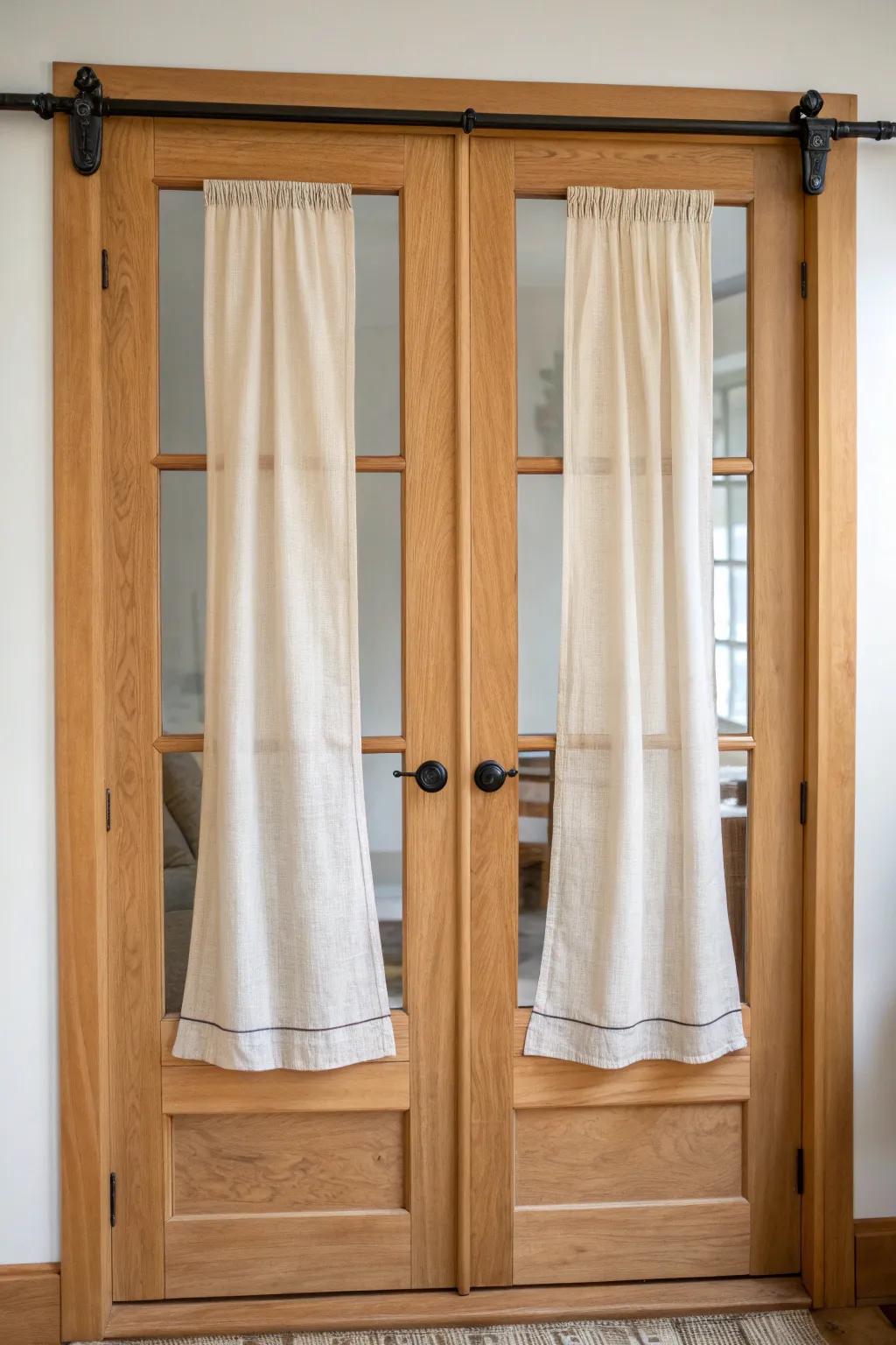 Tailored linen panels on top-and-bottom tension rods—perfect for busy French doors.
