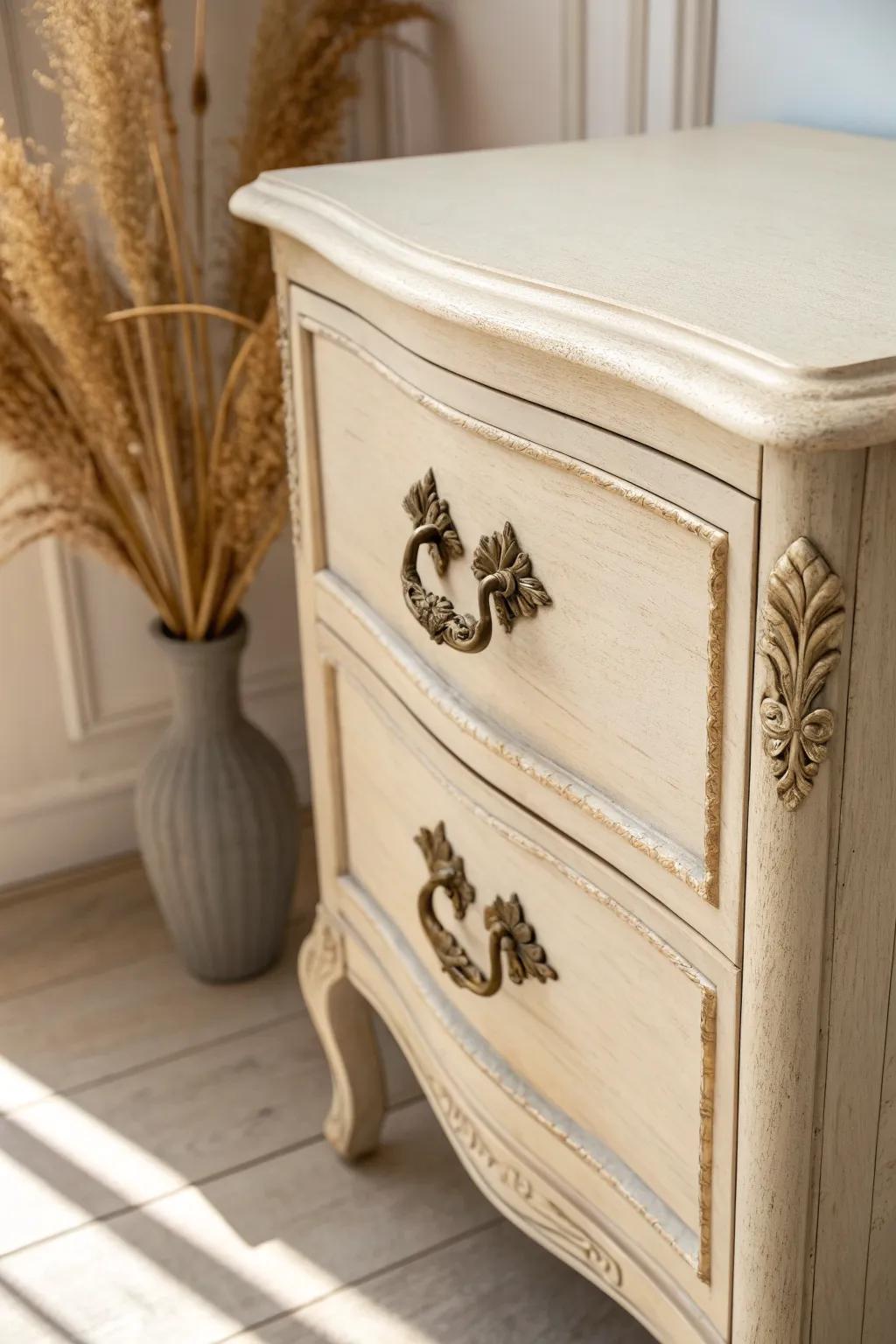 Aged brass hardware on painted wood adds instant French provincial charm in five minutes.