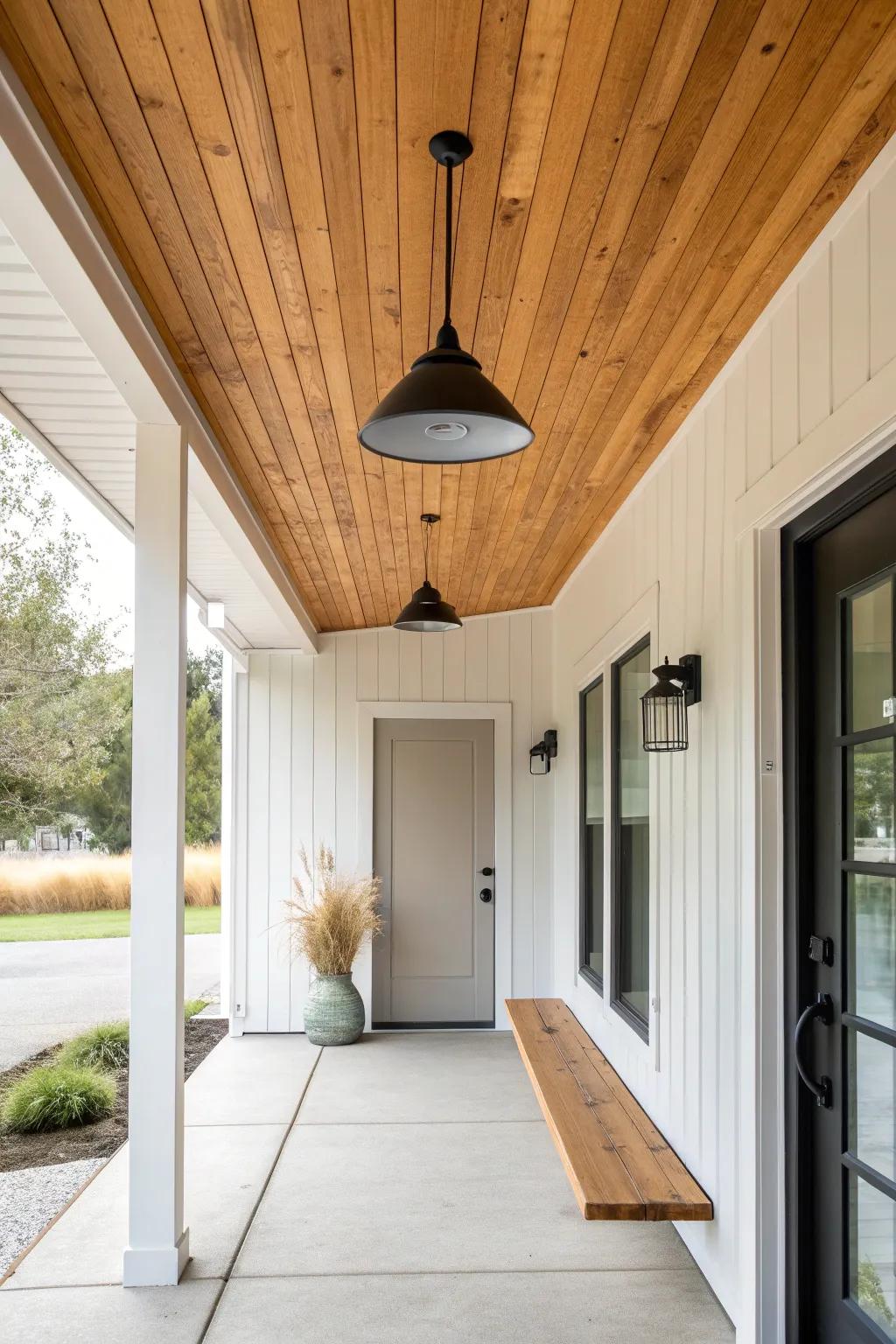 Warm wood porch ceiling planks that instantly make your entry feel custom, cozy, and bright.