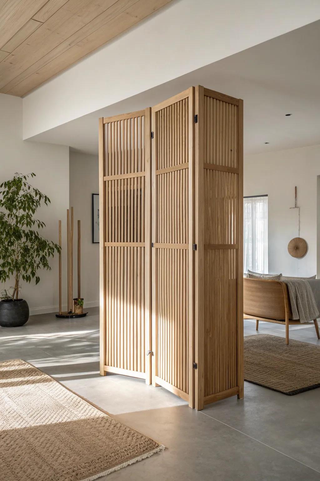 Create cozy showroom “rooms” with airy modular wood partitions—warm, minimal, and inviting.