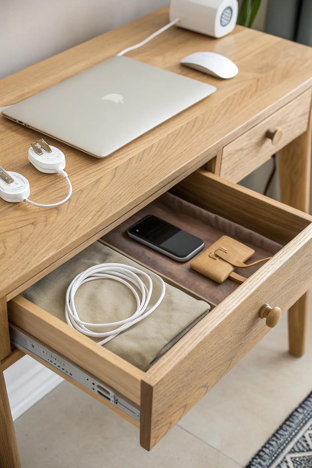 Slim oak charging drawer keeps your gaming setup cord-free—hidden power, effortless style.
