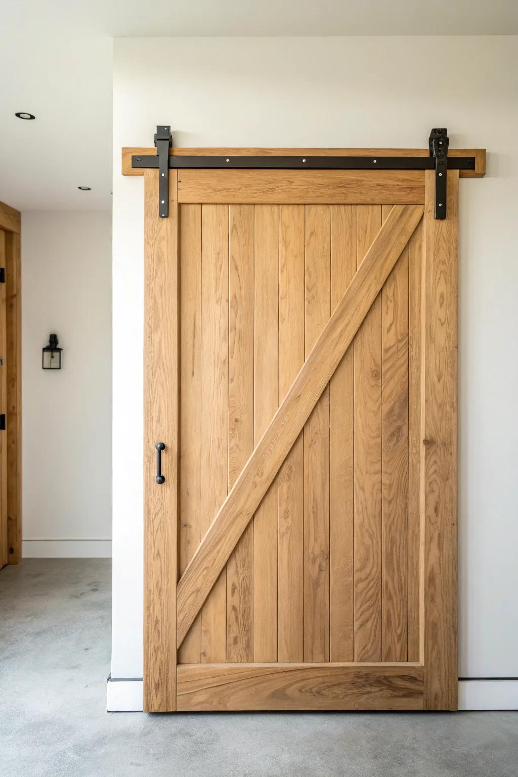 Dutch split barn door in warm oak—crack the top open for fresh airflow in your workshop.