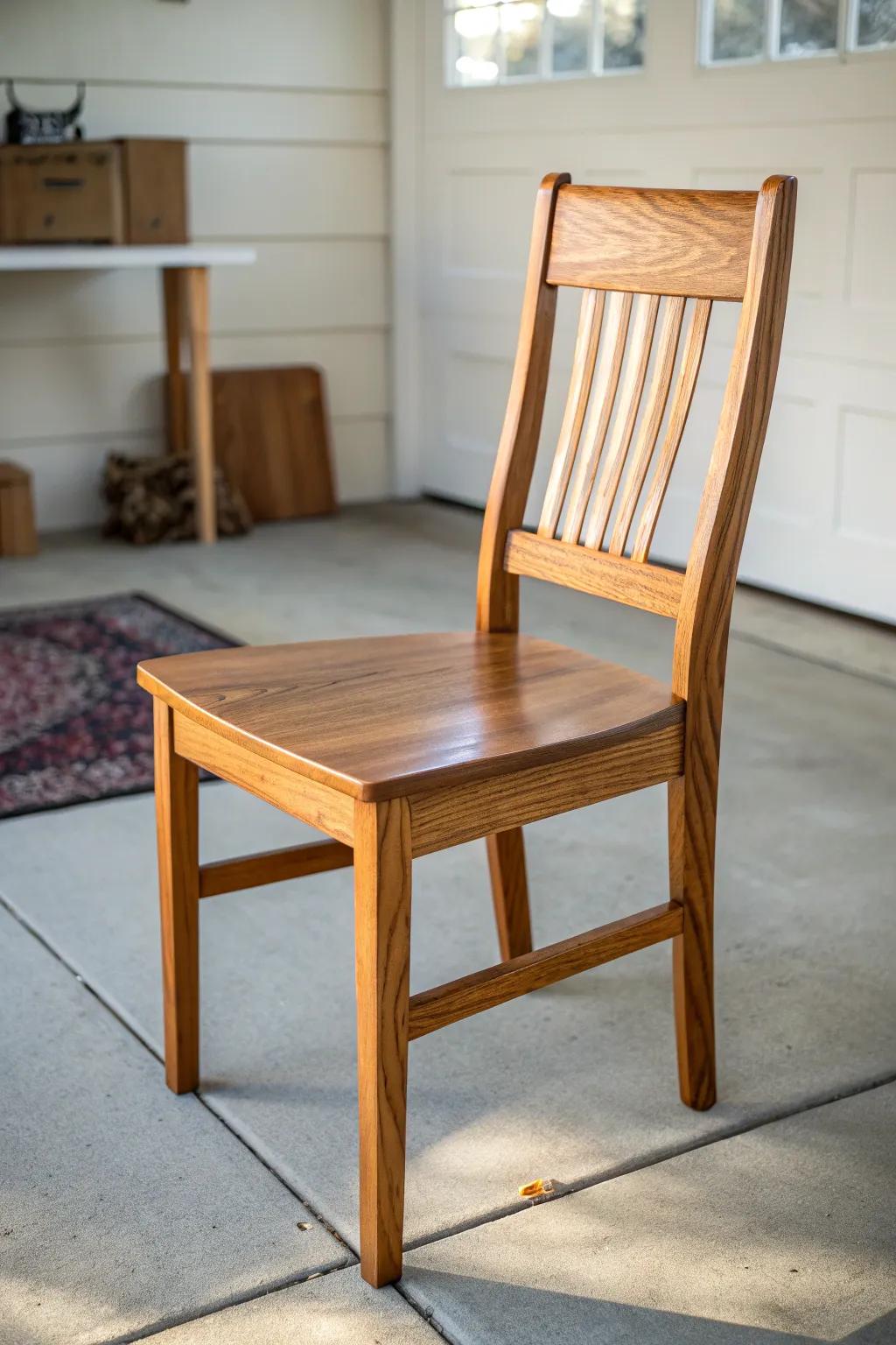 Thrifted dining chair, refinished in warm wood tones—tough enough for a cozy garage nook.