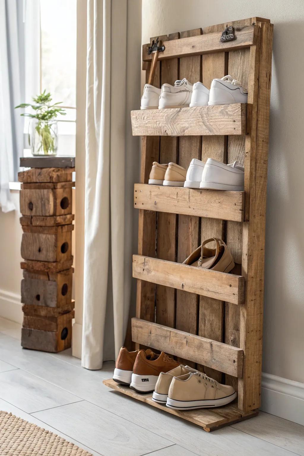 Upcycled pallet shoe rack: rustic grain, smooth finish, and space-saving vertical storage.