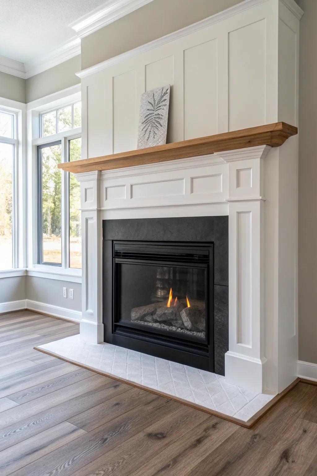 Budget gas fireplace refresh: picture-frame trim + one-color paint for custom millwork vibes.