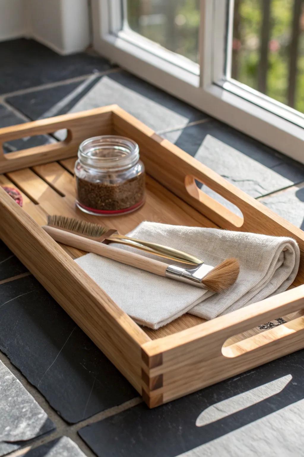 A sturdy wooden grill prep tray with spice rubs, brush, towel, and tongs—ready for the smoker.