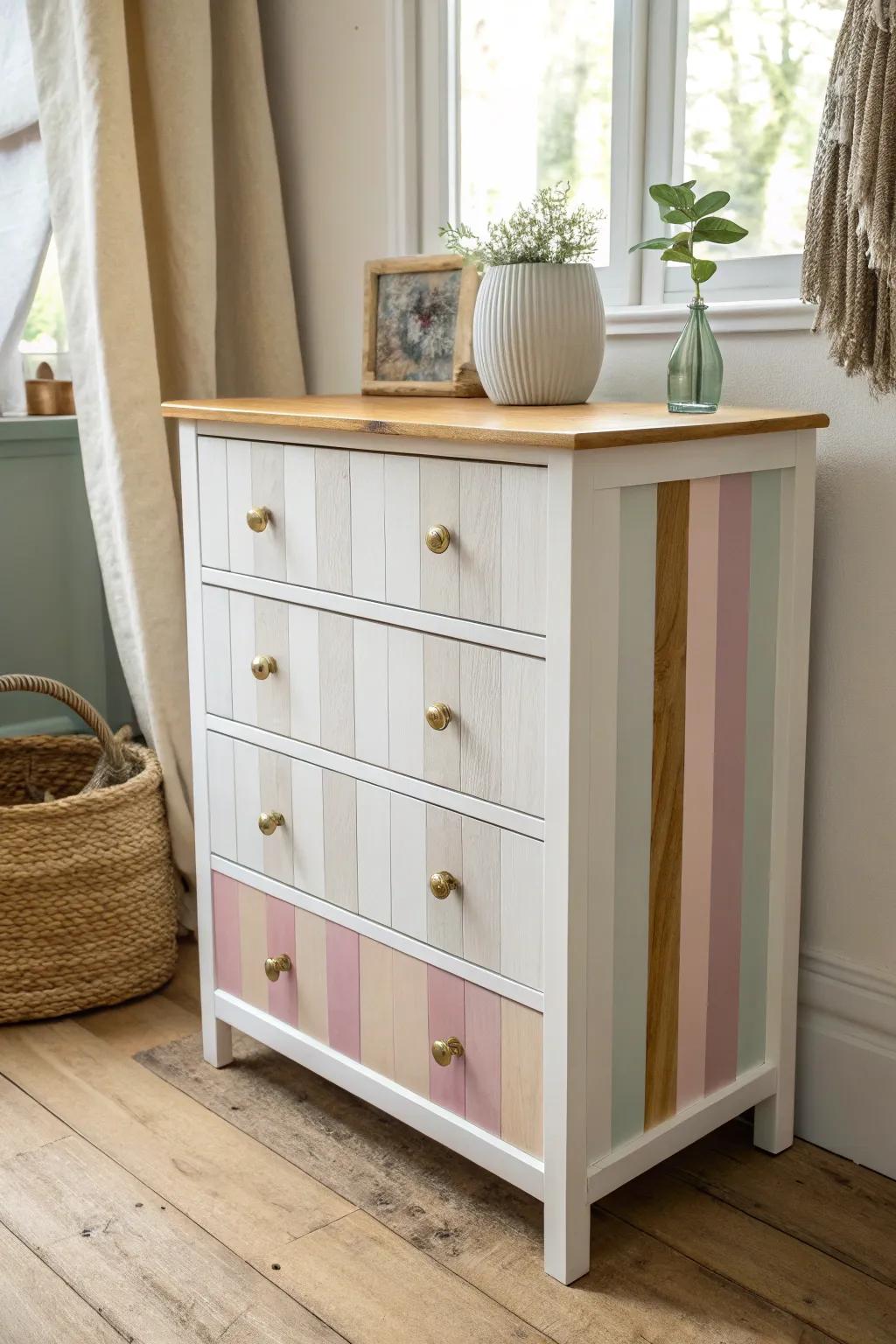 Wide vertical stripes give this girl dresser a preppy look—clean lines, soft pastels, sealed to last.