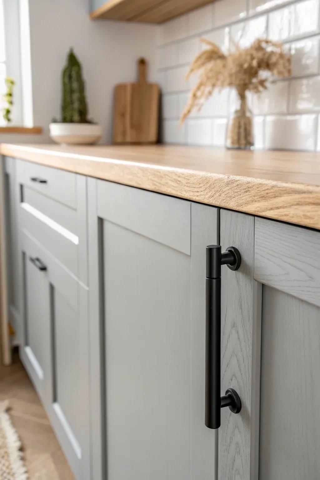 Matte black pulls on soft gray cabinets add bold contrast for an instantly custom look.