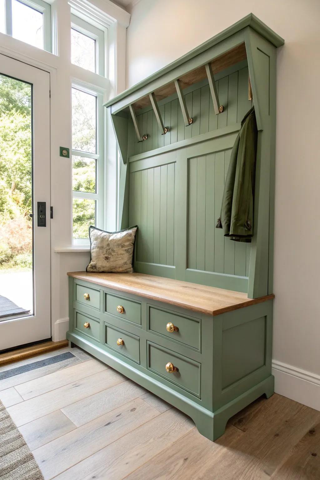 A sage-green mudroom bench with under-seat drawers—hide shoes fast, keep the entry calm.