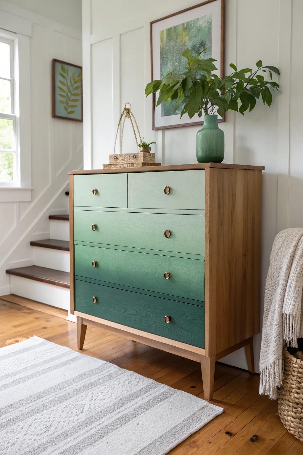 Mint-to-forest ombré dresser makeover—minimal lines, soft boho touch, bold green contrast.
