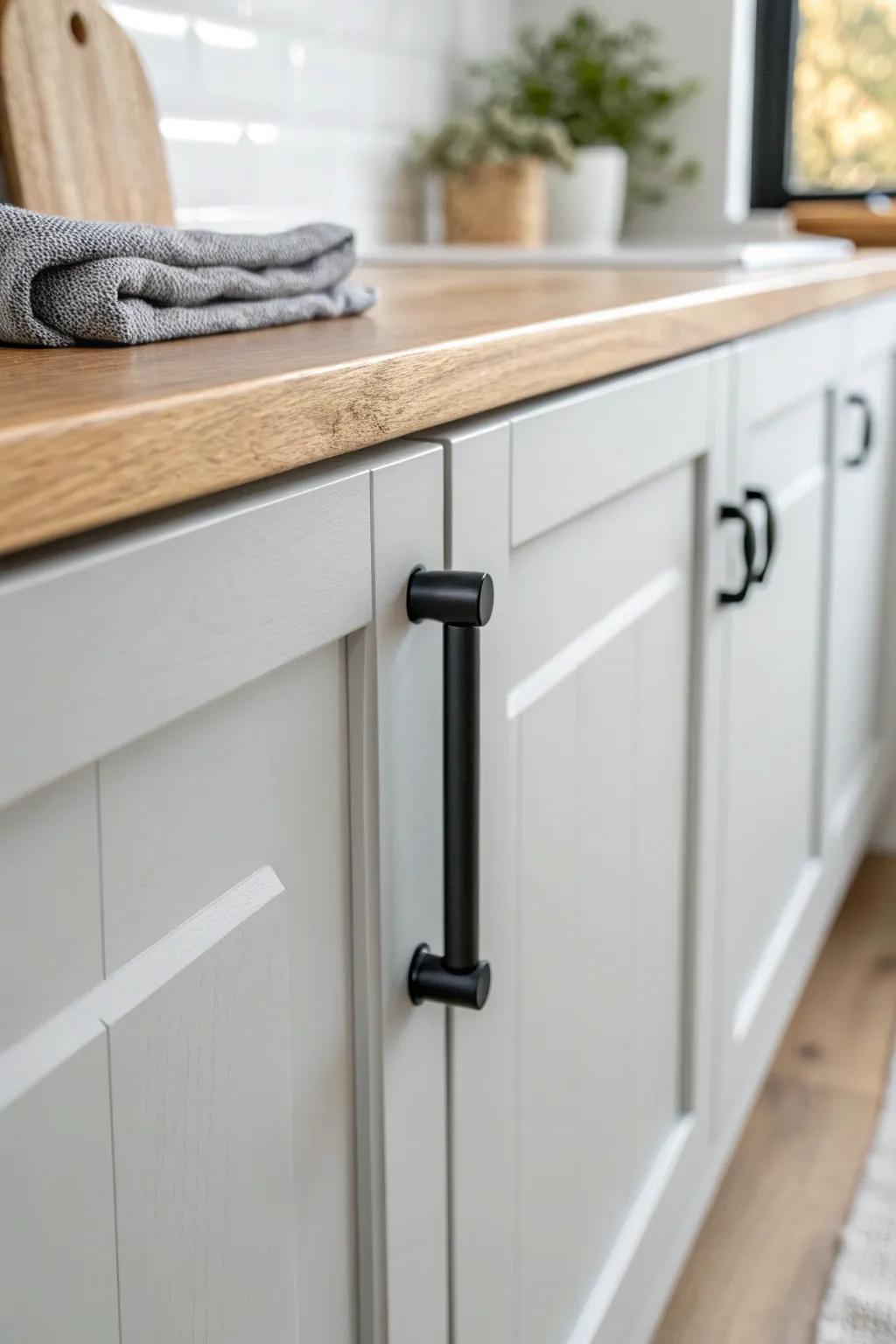 Matte black pulls make gray-and-white cabinets feel crisp, graphic, and beautifully grounded.