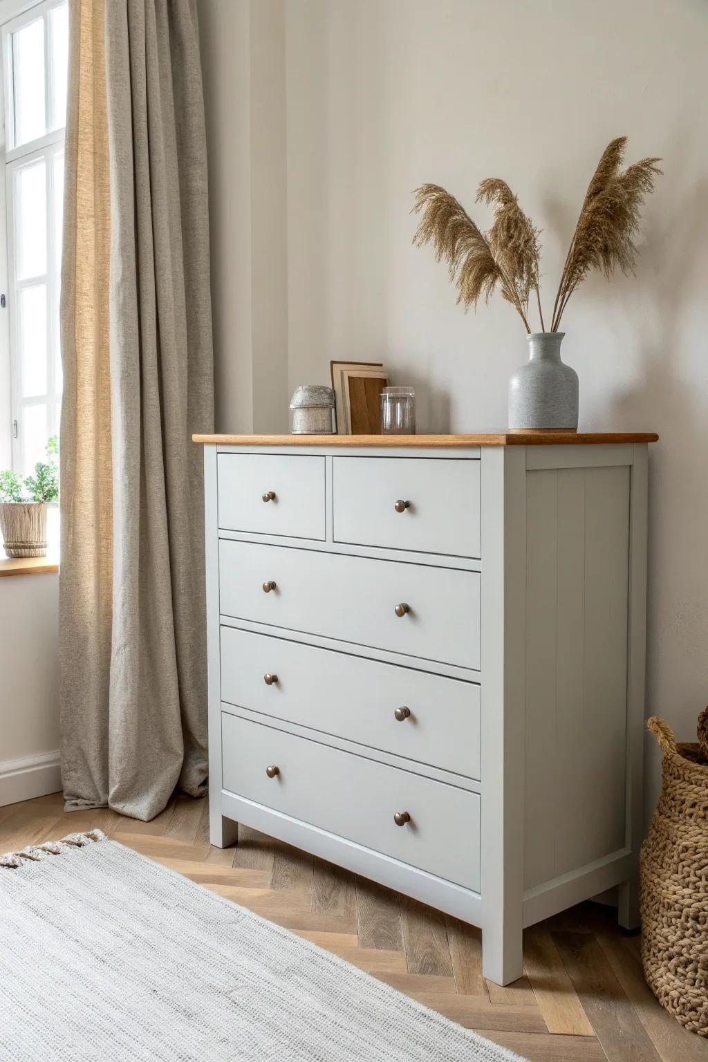Soft grey meets warm wood—this two-tone dresser adds calm contrast and timeless craft.