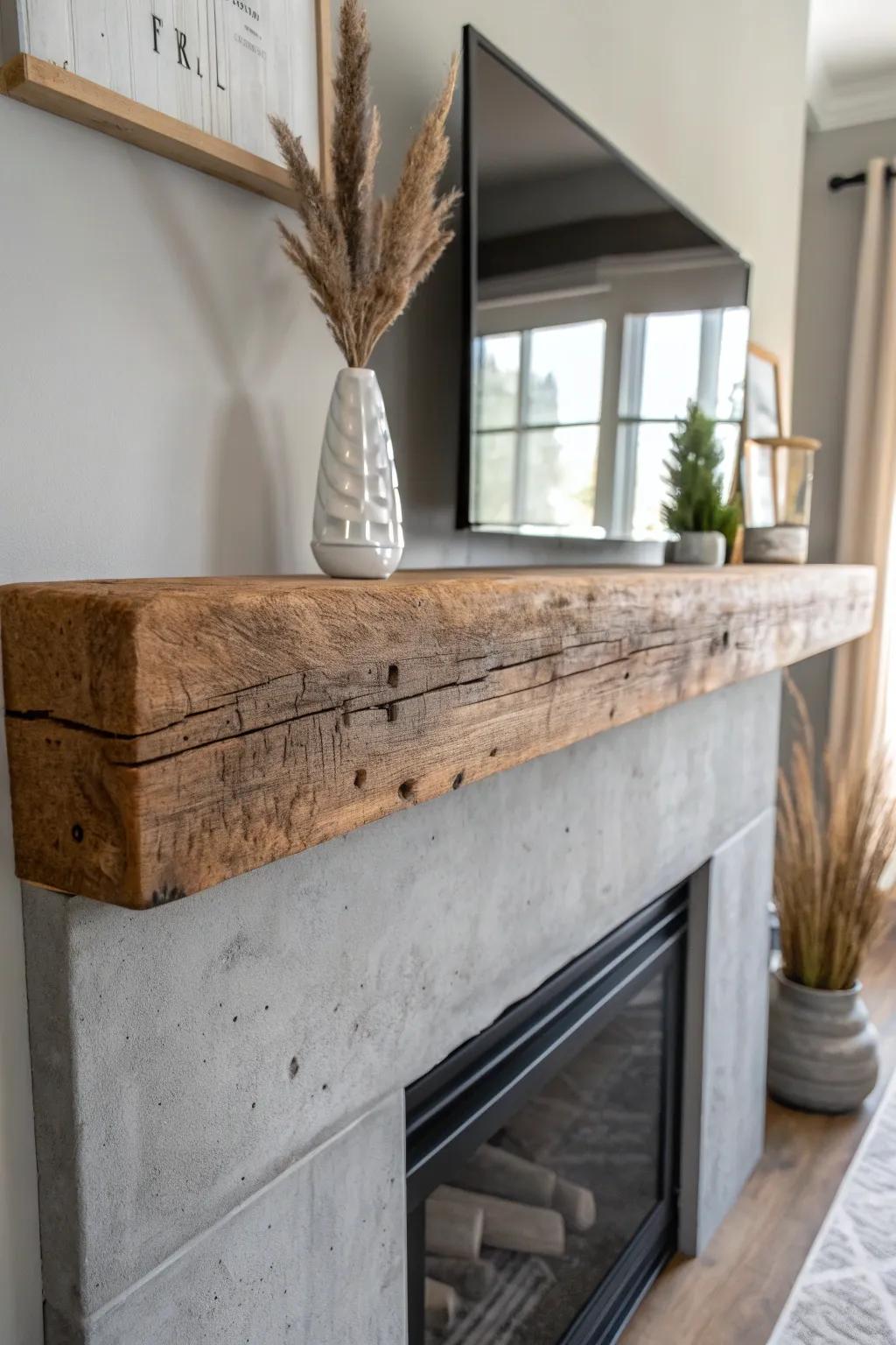 Weathered reclaimed wood mantel adds warm contrast to a crisp grey fireplace focal point.
