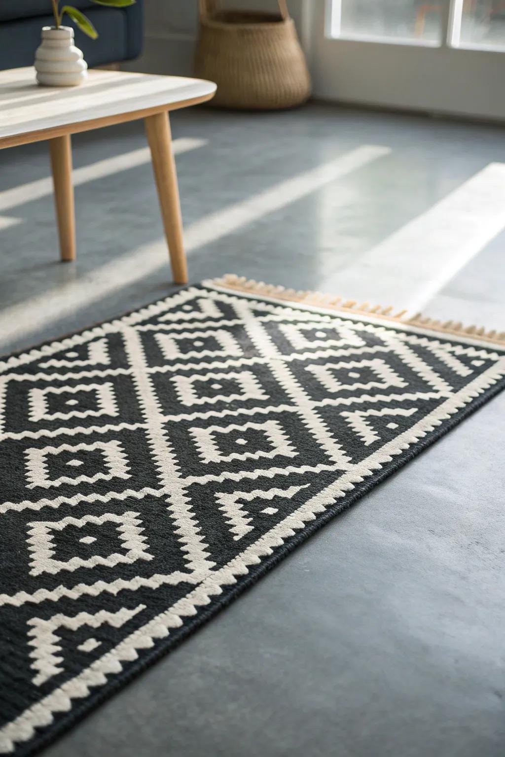 Energize gray floors with a bold black‑and‑white geometric rug—minimal, cozy, chic.