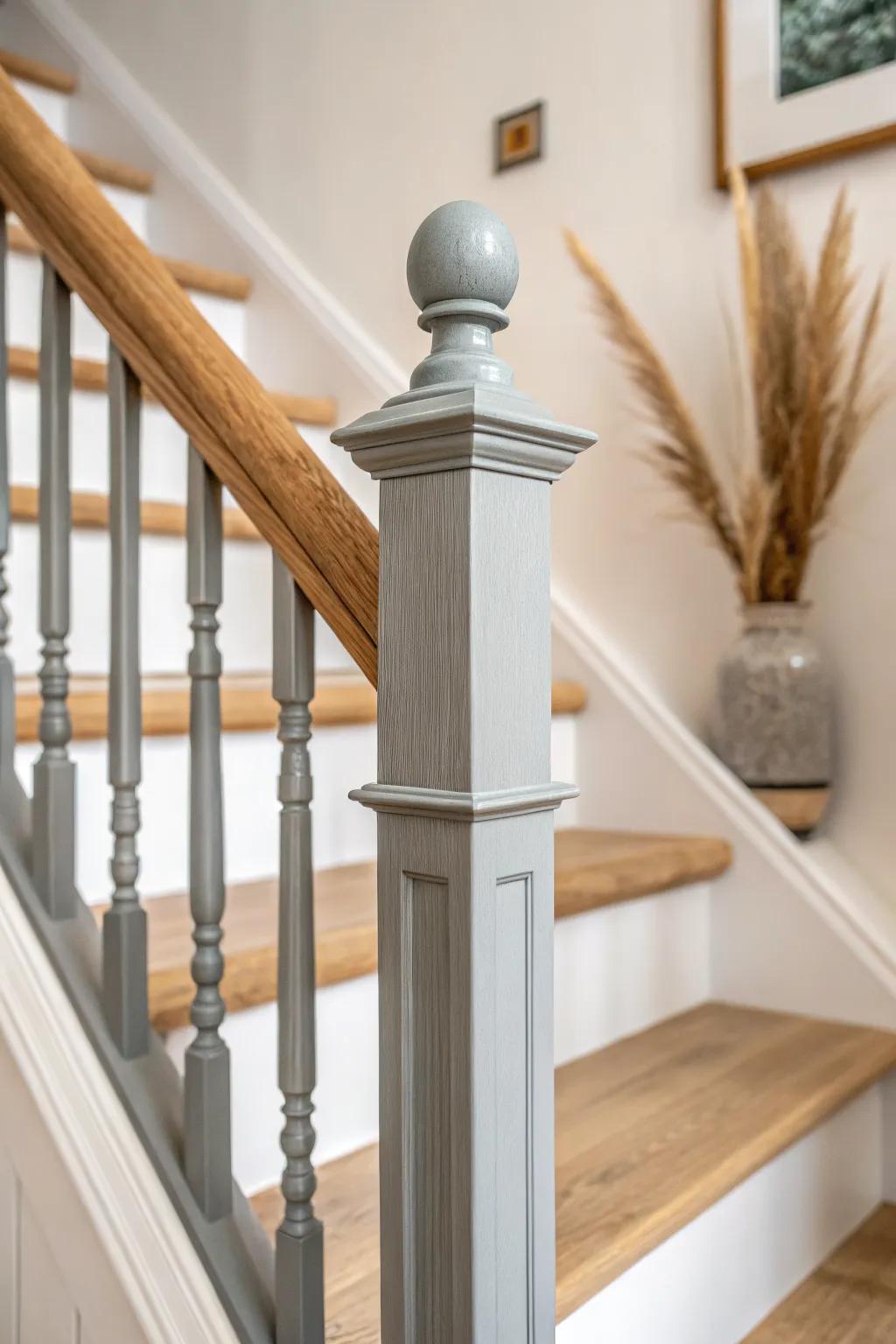 Satin gray banister with glossy cap details—subtle contrast that makes the woodwork feel custom.