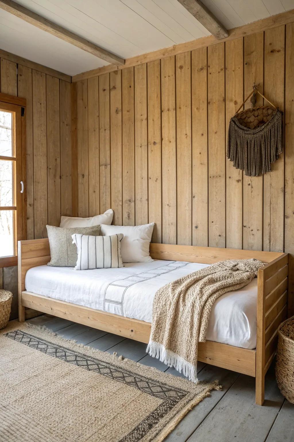 Daybed glow-up: matte-sealed reclaimed planks add cozy character without clutter.