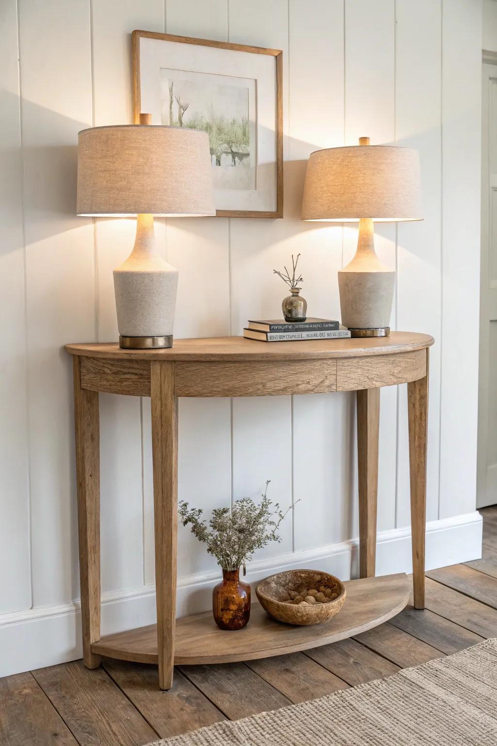 Two petite lamps create a balanced glow—perfect symmetry for a half moon table.