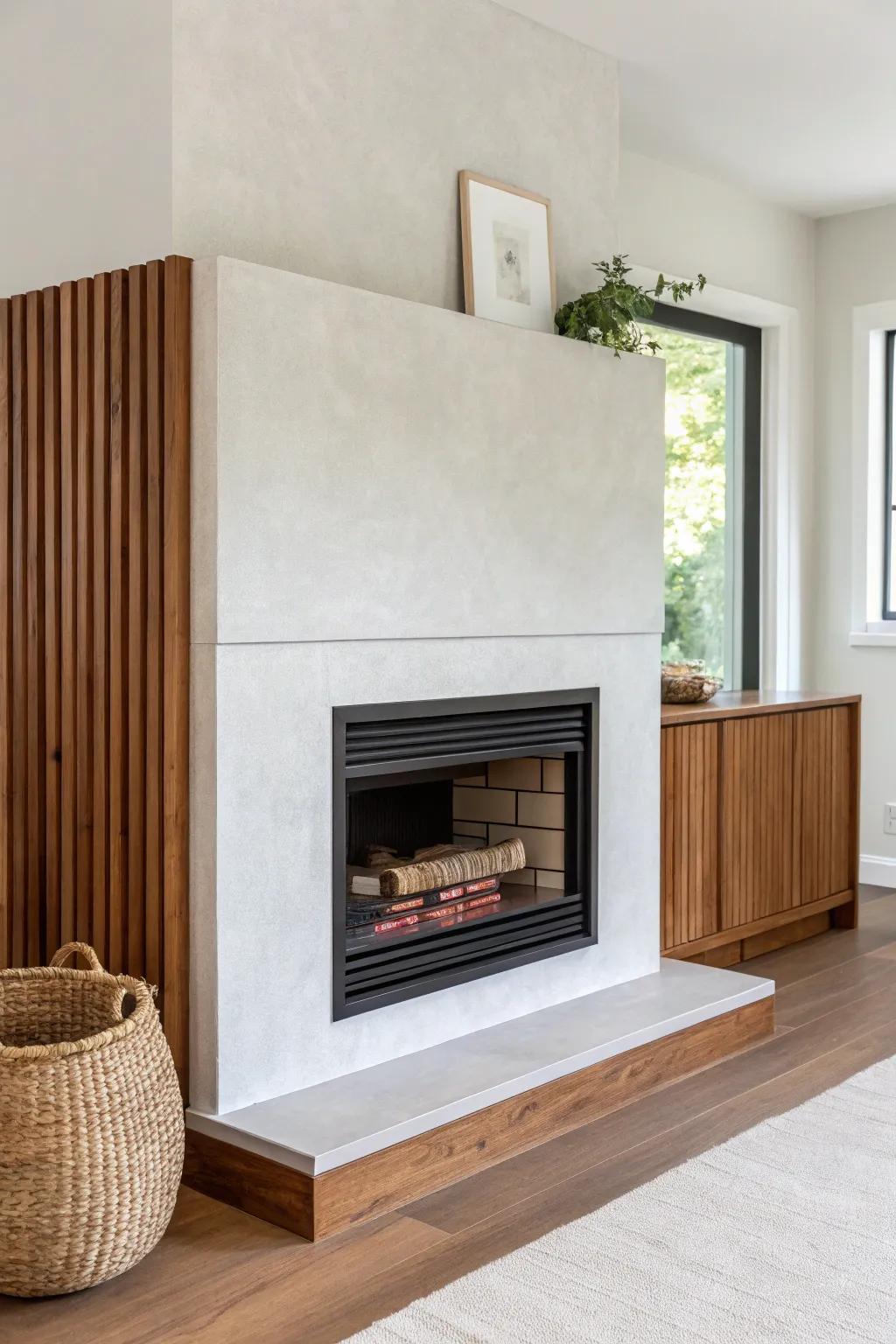 Two-tone half wall fireplace: rich wood base with a bright, airy surround for contrast.