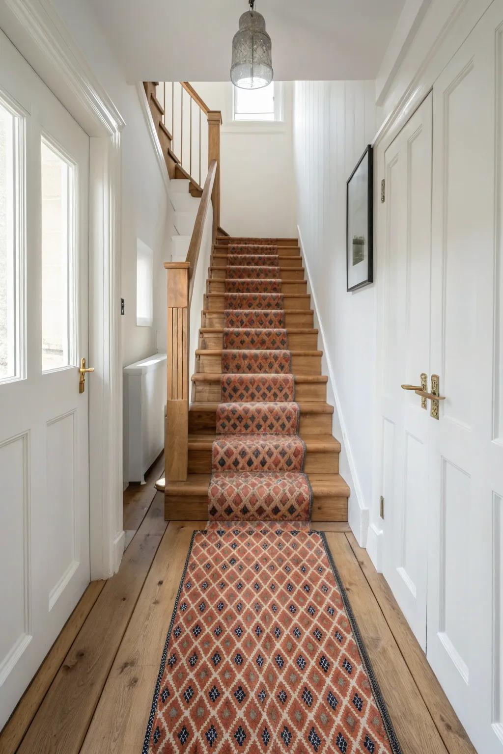 A bold handwoven runner on pale oak floors frames the stairs and visually stretches the hallway.