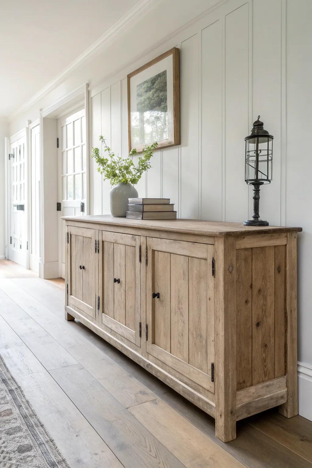Reclaimed wood farmhouse cabinet run—matte sealed texture, knots, and clean Scandinavian lines.