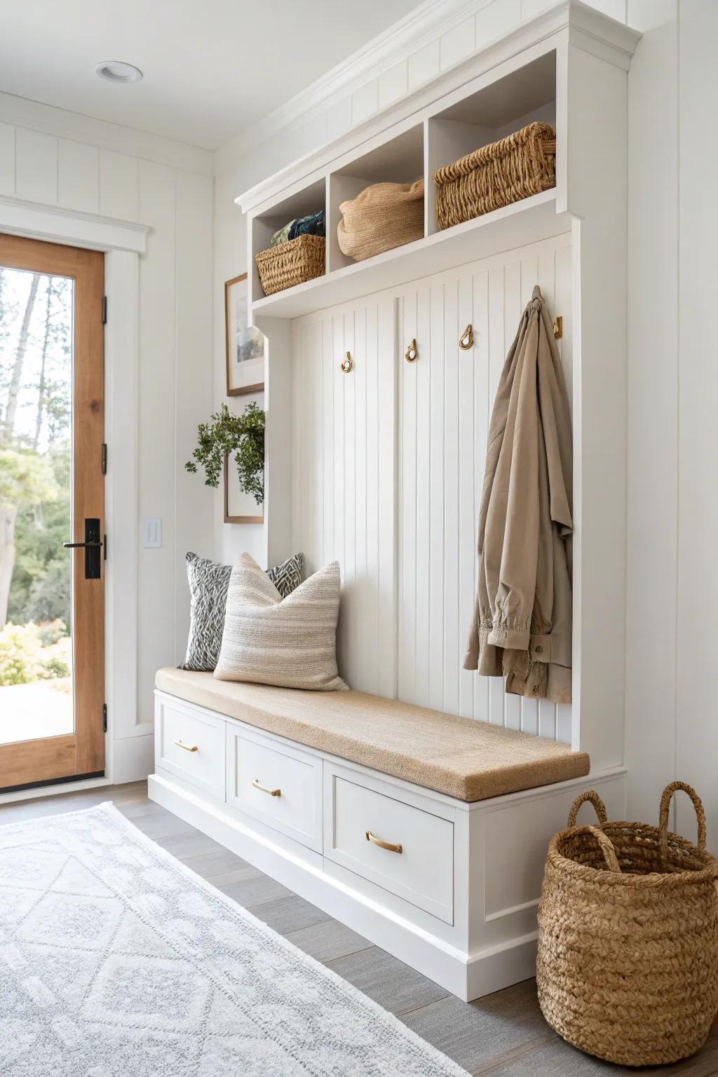 Beadboard backing adds texture and protects walls—this bench cabinet nook feels cozy and intentional.