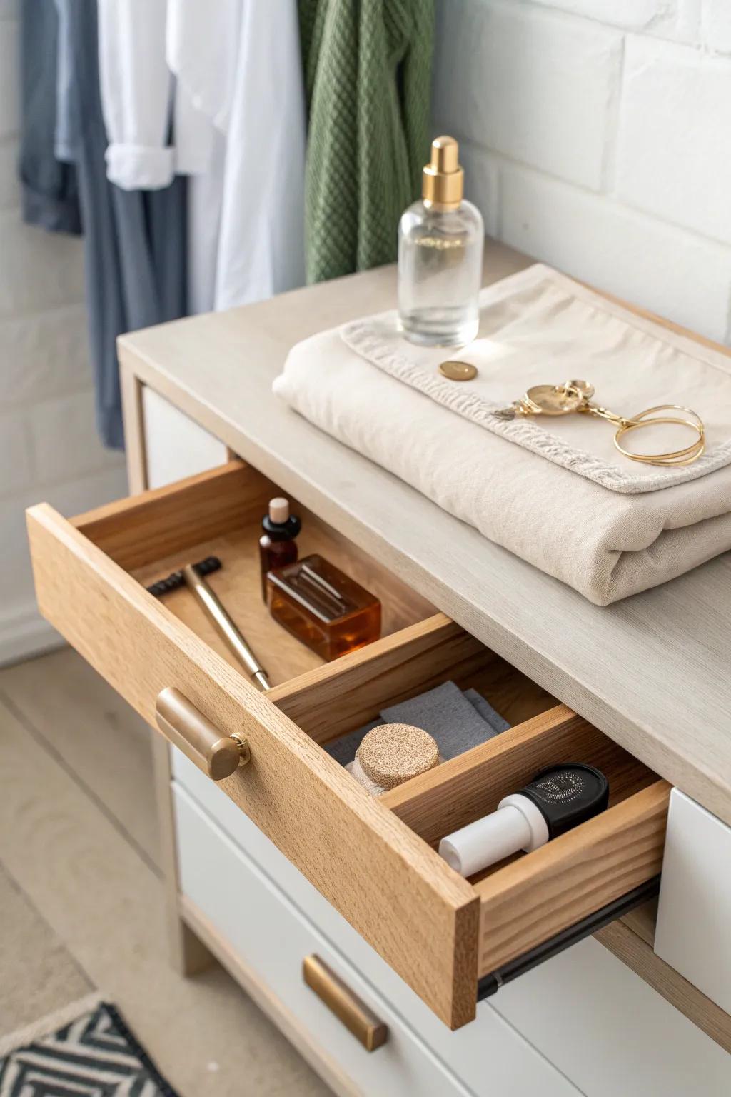 A single shallow wood drawer keeps keys, batteries, and tiny tools beautifully in place.