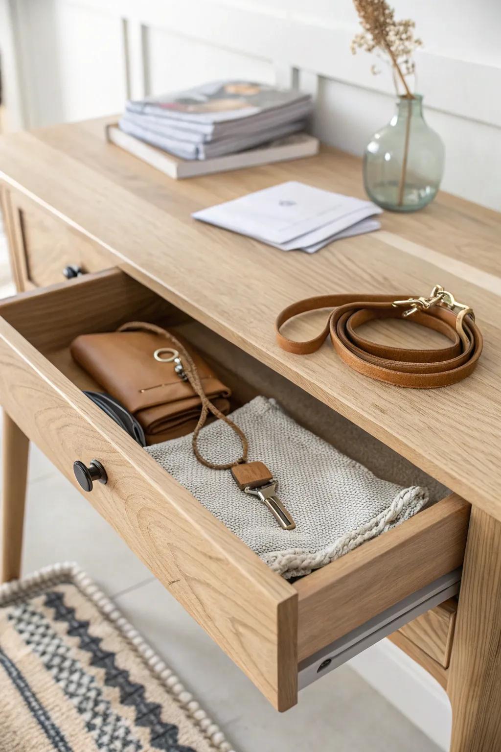 A tiny drop-zone drawer that hides hallway chaos—mail, keys, and leashes in calm order.