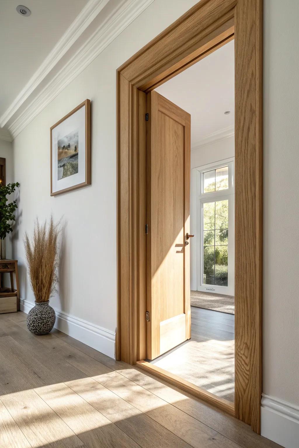 Beefier oak door casing with matching header trim—an instant hallway upgrade with impact.