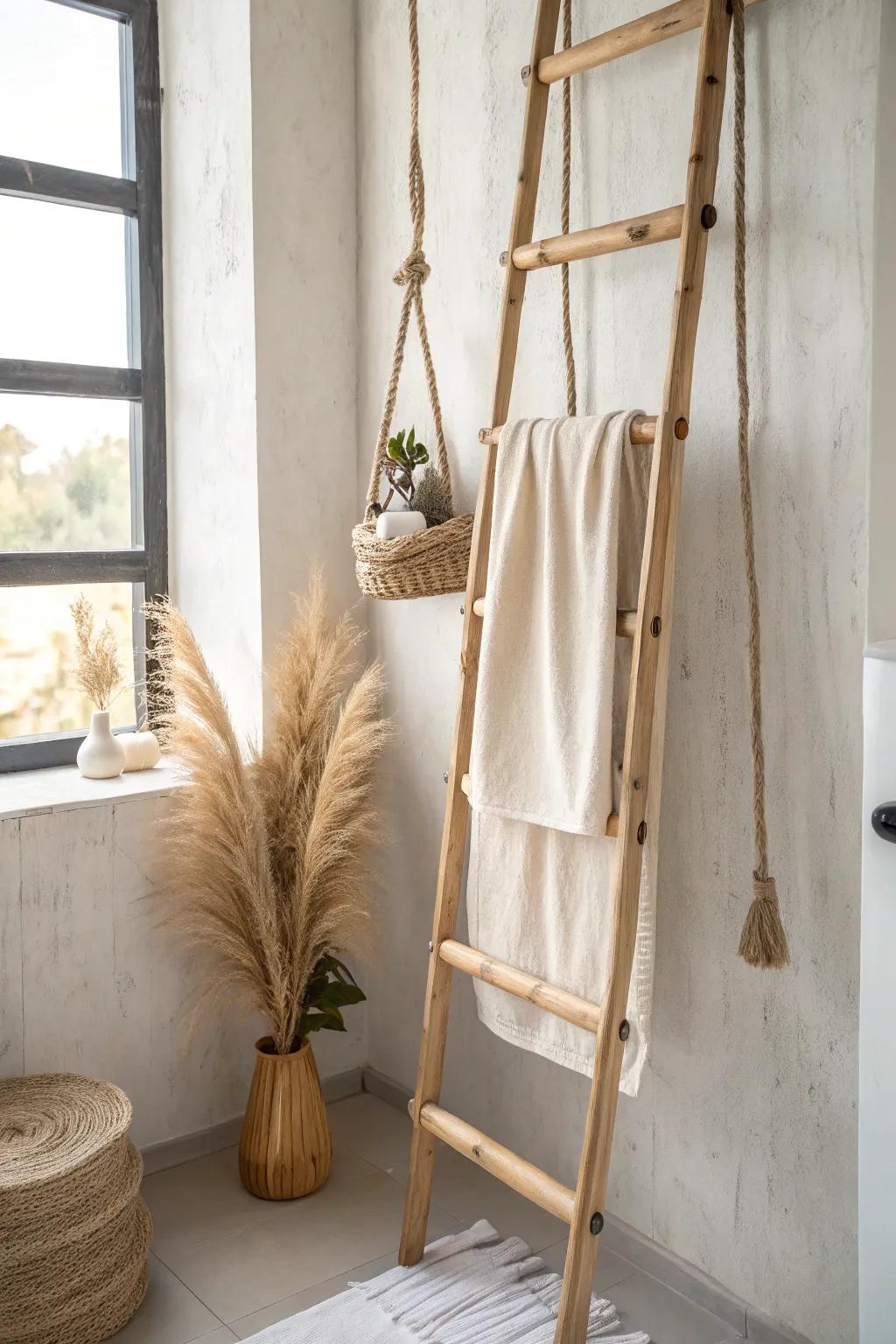 A hanging wooden ladder towel rack—space-saving, warm, and perfect for steamy bathrooms.