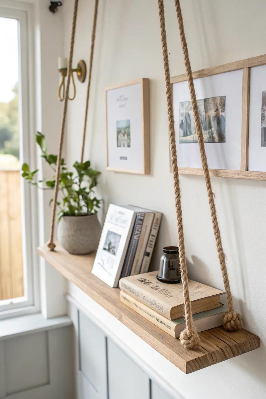 Slim oak hanging ledge with a tiny lip—airy, secure, and perfect for cookbooks or records.