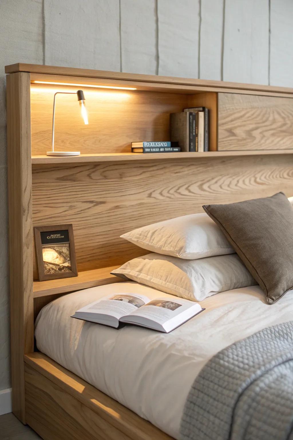 Light oak headboard with a side cubby and built-in task light—perfect for bedtime reading.
