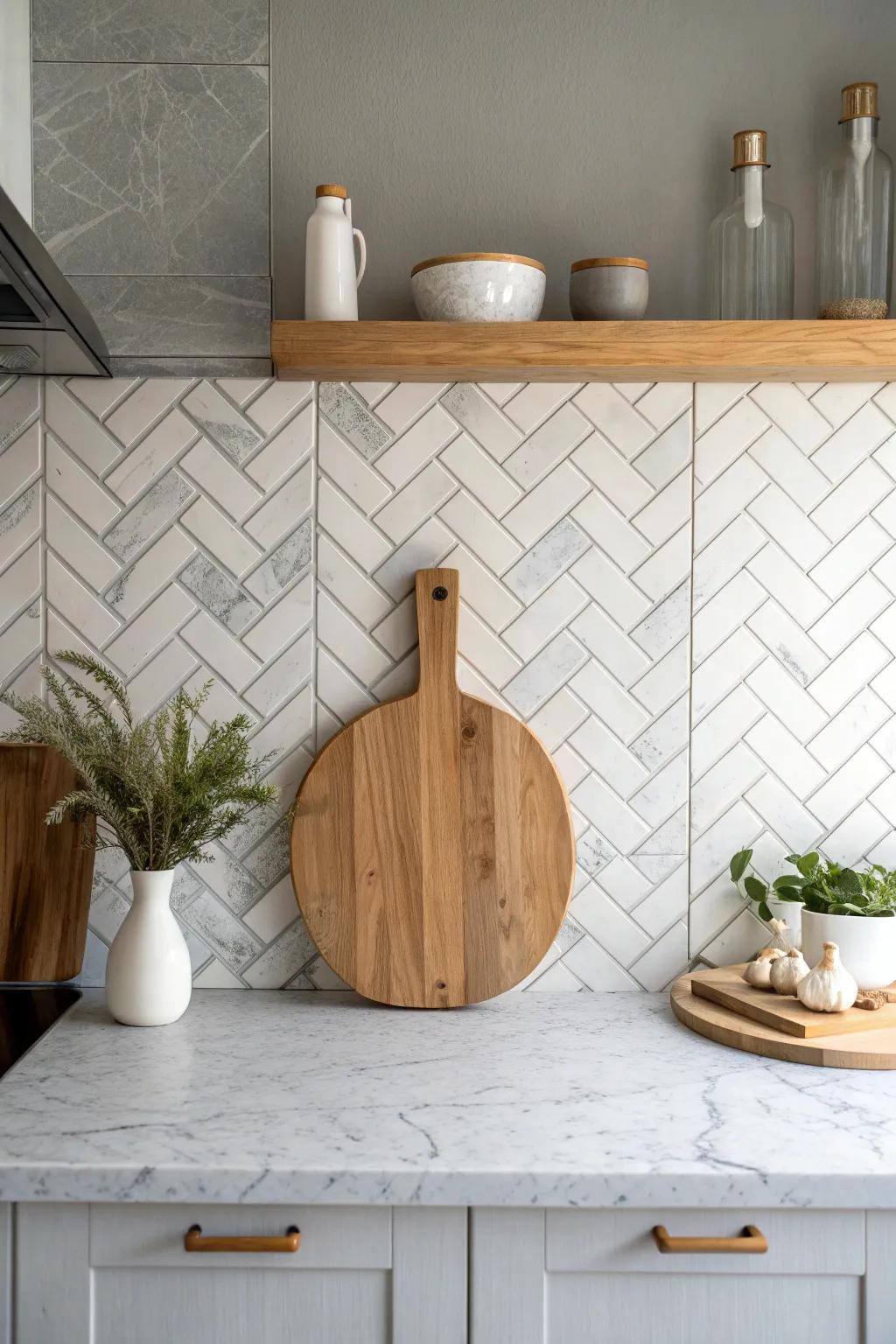 Warm oak against a calm large-format herringbone backsplash—structure without visual noise.