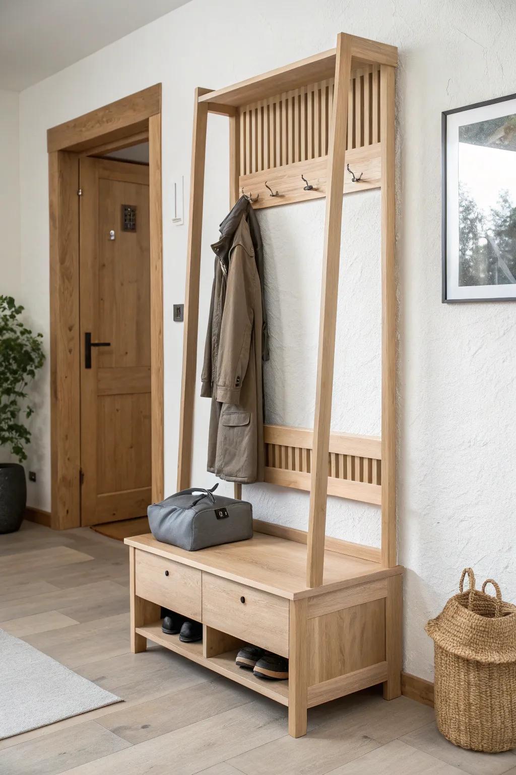 Flip-down hall tree front hides hooks for a clean entry—add soft-close hinges to stop slams.