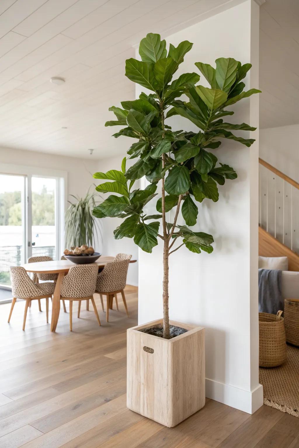 A tall indoor tree brings gentle vertical balance and warmth to a high-ceiling dining room.