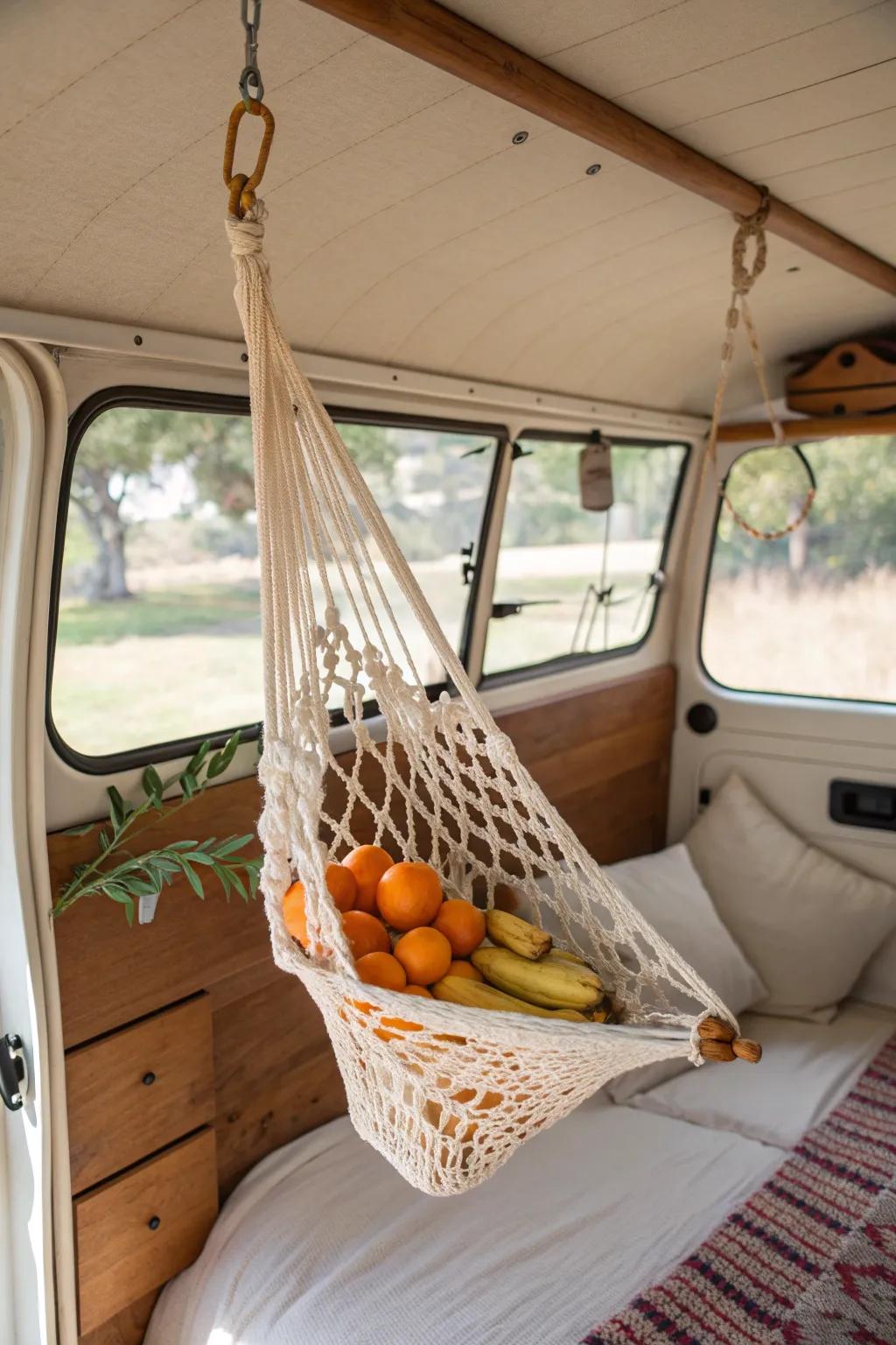 Macramé fruit hammock storage—boho charm with smart space-saving style for your van.