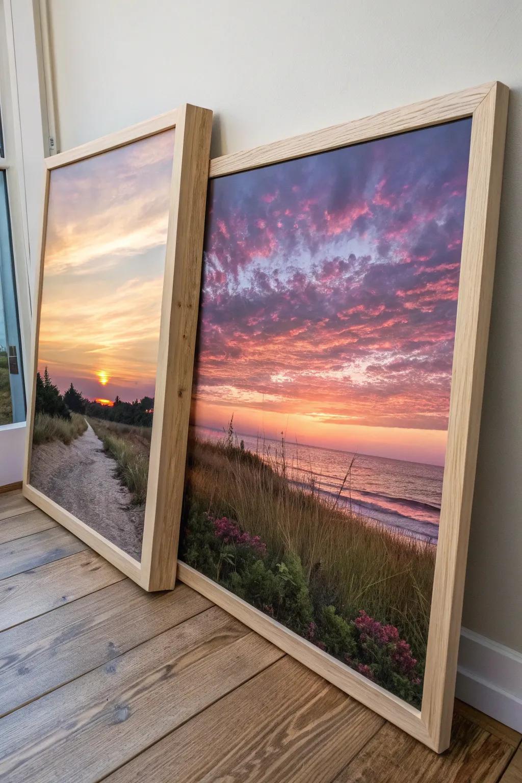 Capture nature's beauty indoors with a handcrafted sunrise and sunset diptych—perfect for adding warmth and harmony to your space.
