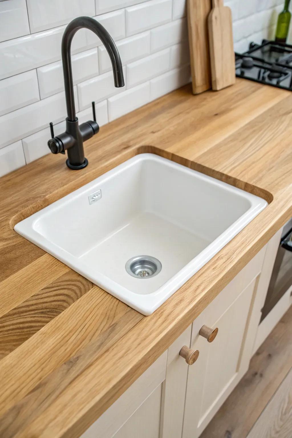 A tiny prep sink turns a back bar into a true wet bar—without sacrificing style or storage.