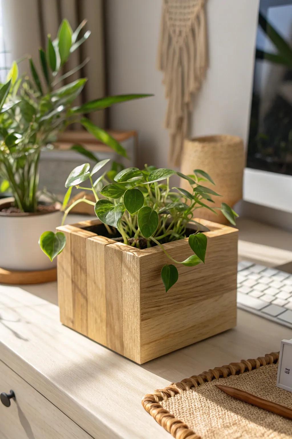 A single leafy plant in a handcrafted wooden planter—calm, focus, and productivity in one.