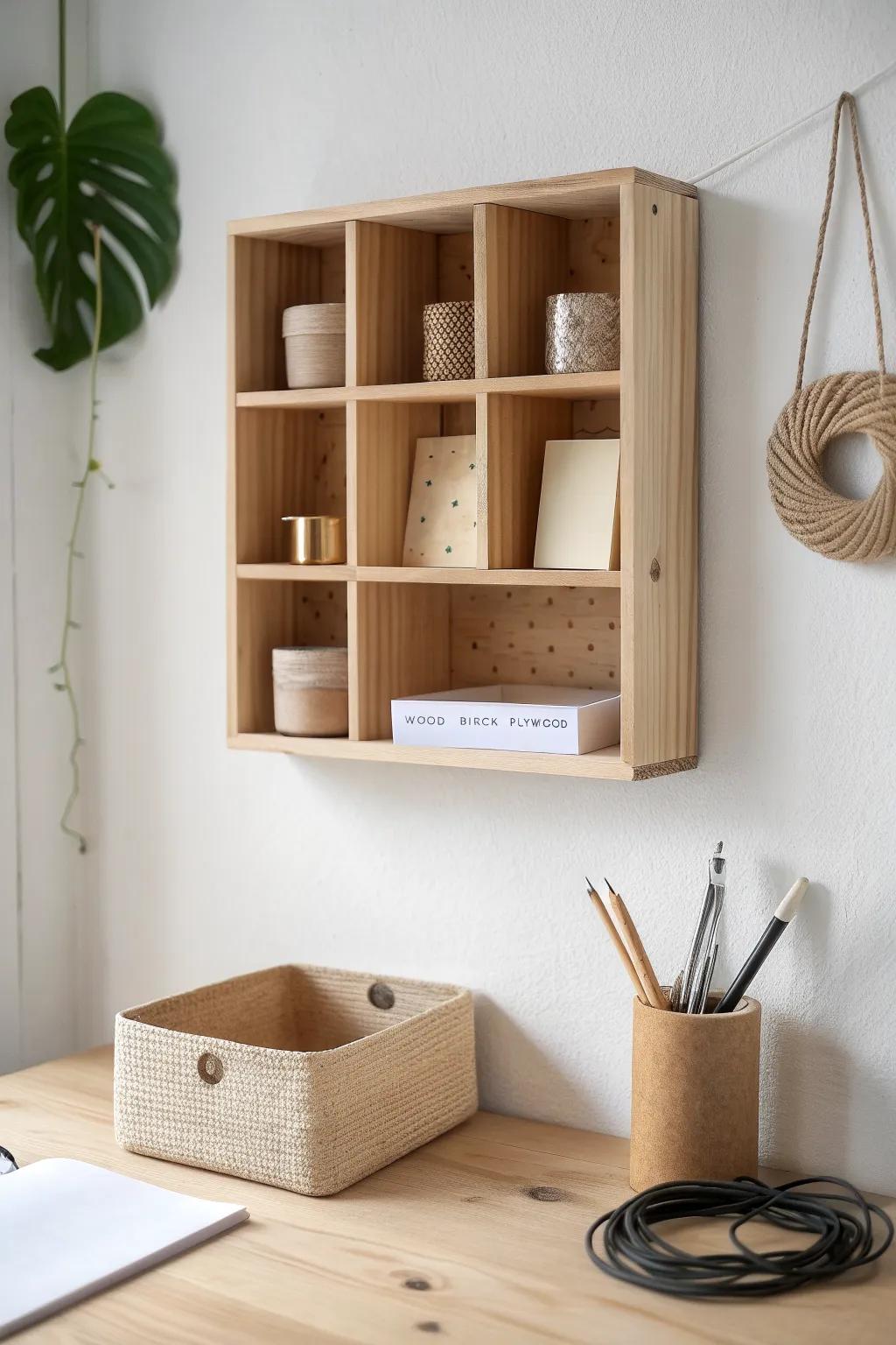 Wall-mounted wood cubby organizer: labeled, minimal, and perfect for keeping small desk items tidy.