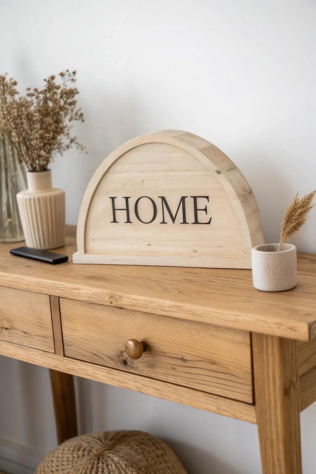 Soft half-round HOME sign—minimal, handcrafted, and warm with natural wood grain.