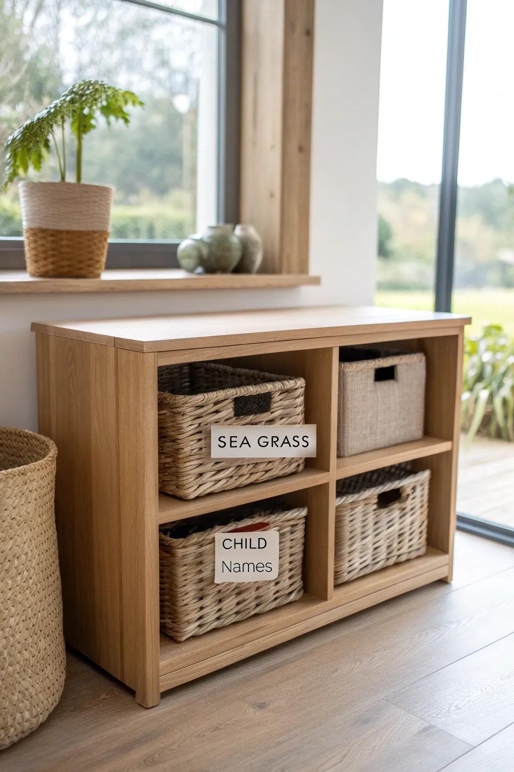 Labeled wooden cubbies with woven baskets—each child’s tidy home base in your dining room.