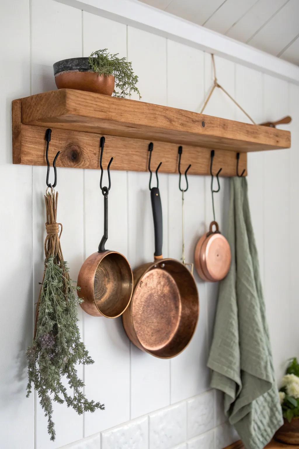 Warm wood + black hooks: a hanging pot rack that saves space and makes cooking feel cozy.
