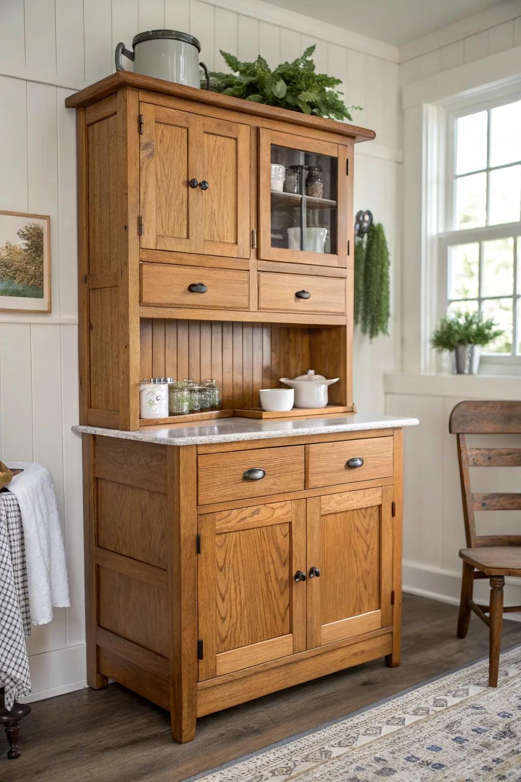 A trailing plant on top brings soft, fresh contrast to the Hoosier cabinet’s crisp lines.