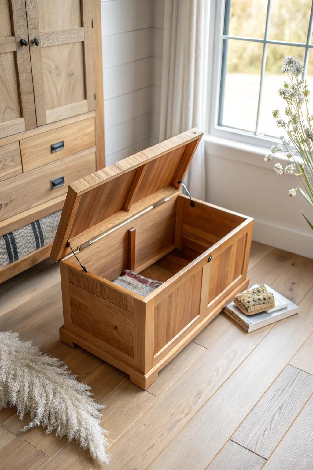 Cedar-lined hope chest with simple dividers—minimal, handmade, and beautifully aromatic.