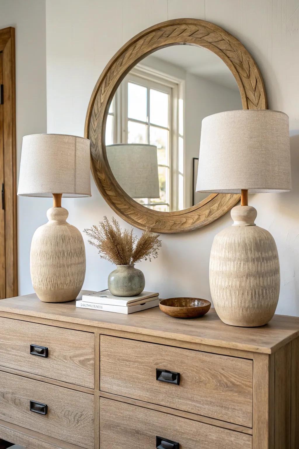 Symmetry calms a busy room—match two lamps and anchor the center with a simple mirror.