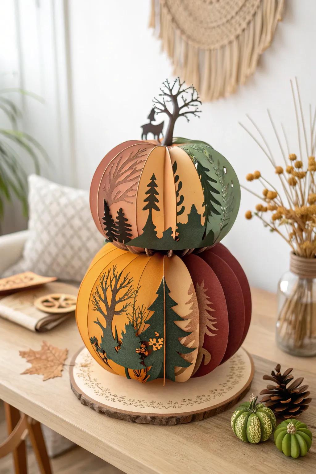 Discover the art of storytelling with layered paper silhouettes on your pumpkin. Craft a masterpiece that captures the essence of autumn.