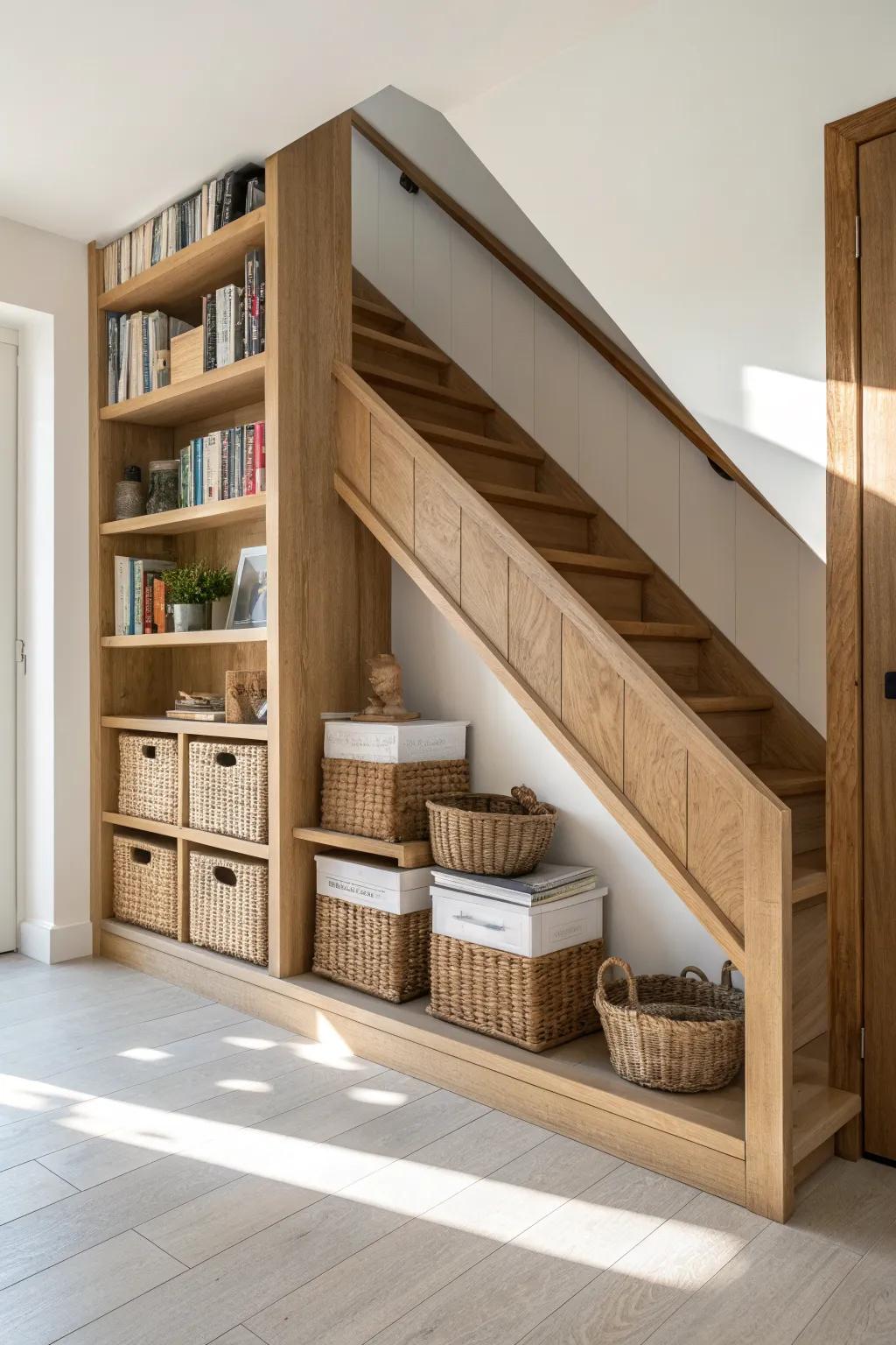 Turn the under-stairs triangle into a sleek oak book nook with labeled sections and calm styling.