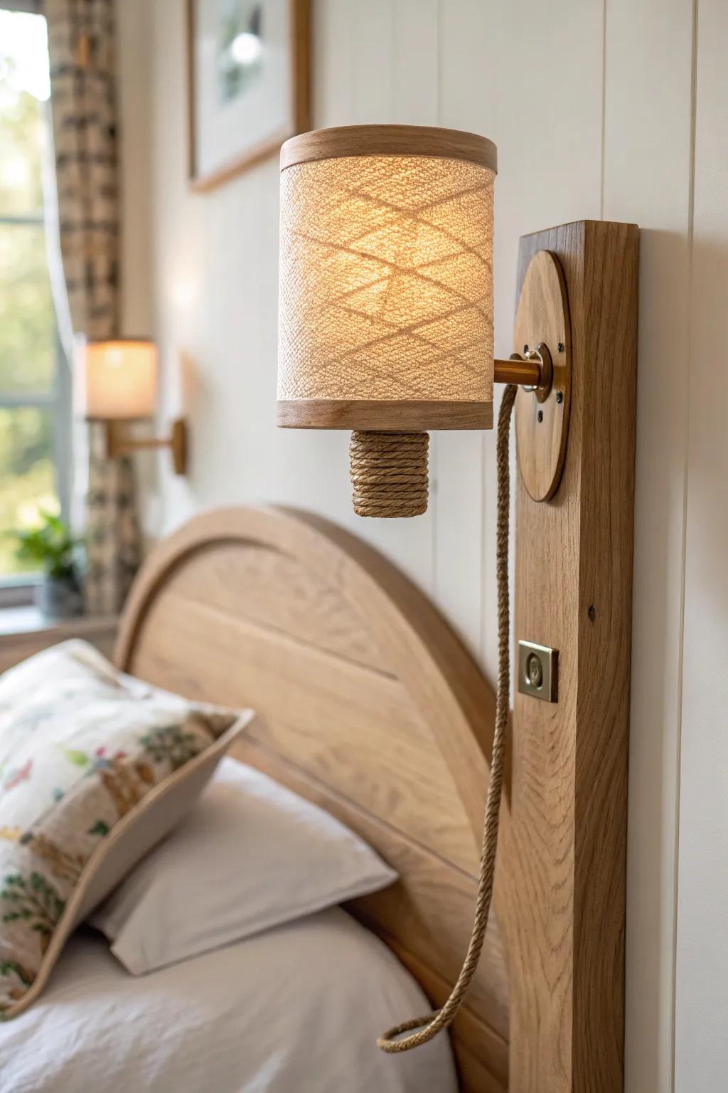 Swap table lamps for a handcrafted wall sconce to keep sleigh-bed nights airy and uncluttered.