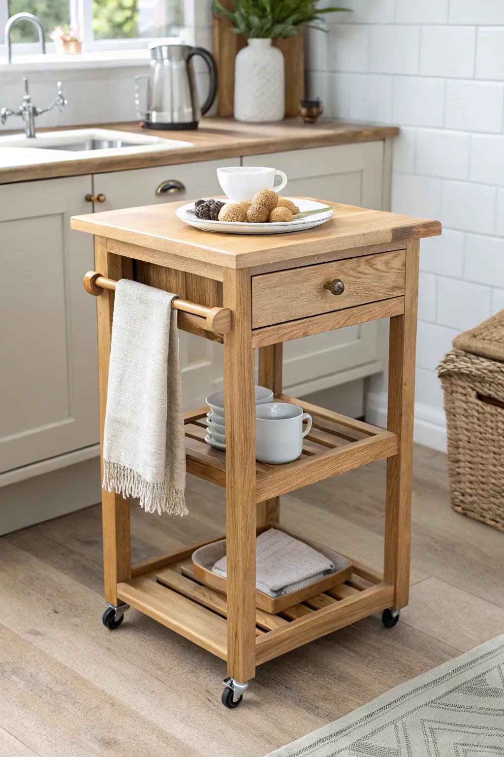 A rolling oak cart with locking casters and a fold-out top—tiny kitchen table magic.
