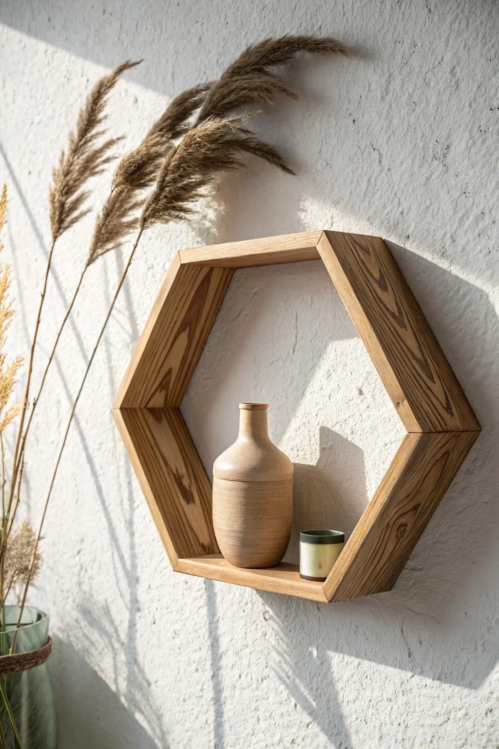 Hexagon shelf as wall art: light oak craftsmanship framing one simple vase in soft tones.